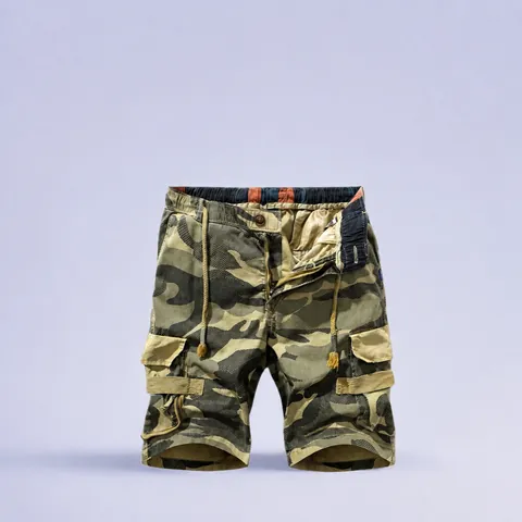 Men's Camouflage Cargo Bottom American Retro Multi-Pocket Loose Cotton Drawstring Summer Casual Streetwear Camo Shorts Top Not Included