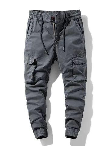 Men's Japanese Vintage Cargo Jogger Pants Cotton Solid Loose Fit Multi-Pocket Casual Drawstring Sweatpants For Daily Outdoor