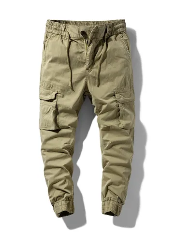 Men's Japanese Vintage Cargo Jogger Pants Cotton Solid Loose Fit Multi-Pocket Casual Drawstring Sweatpants For Daily Outdoor