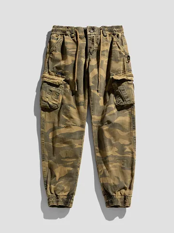 Men American Retro Camouflage Cargo Pants High Street Loose Elastic Waist Multi Pocket Joggers Workwear Bottoms