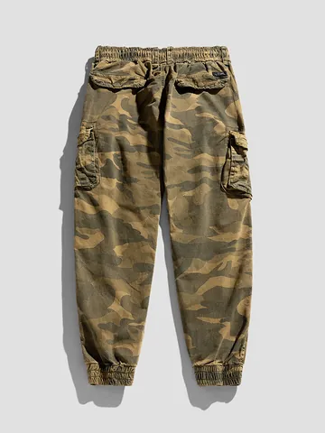 Men American Retro Camouflage Cargo Pants High Street Loose Elastic Waist Multi Pocket Joggers Workwear Bottoms