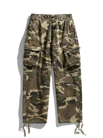 Men Camouflage Cargo Pants Loose Straight Wide Leg Trousers Cotton Camo Work Pants With Pockets Drawstring Hem Outdoor Fashion