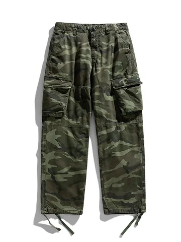 Men Camouflage Cargo Pants Loose Straight Wide Leg Trousers Cotton Camo Work Pants With Pockets Drawstring Hem Outdoor Fashion