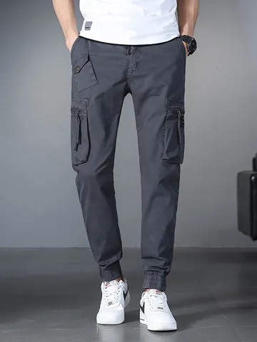 Men Japanese Cargo Jogger Pants Multi Pockets Drawstring Elastic Waist Loose Outdoor Fashion Cotton Spandex Trousers For Men Bottom
