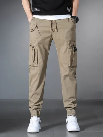 Men Japanese Cargo Jogger Pants Multi Pockets Drawstring Elastic Waist Loose Outdoor Fashion Cotton Spandex Trousers For Men Bottom
