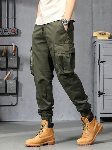 Hommes Rétro Américain Rue Cargo Jogging Pantalon Multi Poches Élastique Cordon Taille Couleur Unie Mélange Coton Pantalon