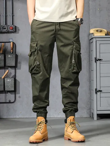 Hommes Rétro Américain Rue Cargo Jogging Pantalon Multi Poches Élastique Cordon Taille Couleur Unie Mélange Coton Pantalon