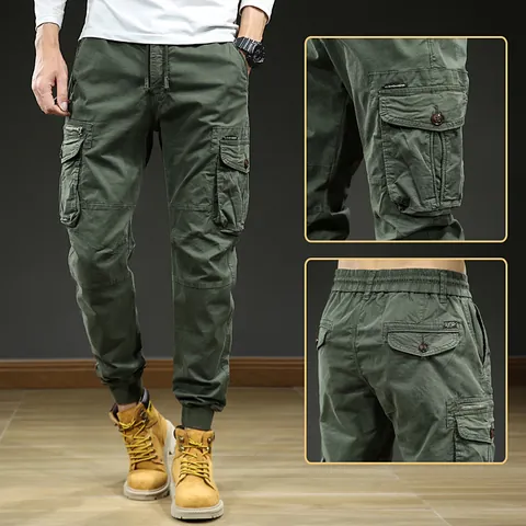 Men Retro Outdoor Cargo Pants Multi-Pocket Tapered Leg Joggers Elastic Drawstring Waist Cotton Blend Bottom Casual Trousers