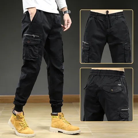 Men Retro Outdoor Cargo Pants Multi-Pocket Tapered Leg Joggers Elastic Drawstring Waist Cotton Blend Bottom Casual Trousers
