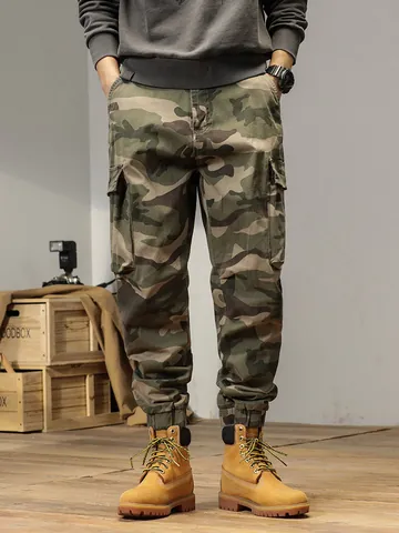 Men American Vintage Camouflage Cargo Pants Cotton Spandex Multi-Pocket Jogger Bottom For Casual Outdoor Daily Wear