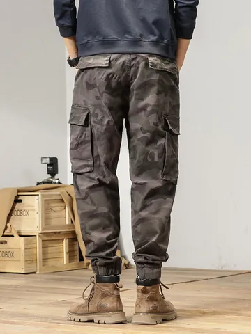 Men American Vintage Camouflage Cargo Pants Cotton Spandex Multi-Pocket Jogger Bottom For Casual Outdoor Daily Wear