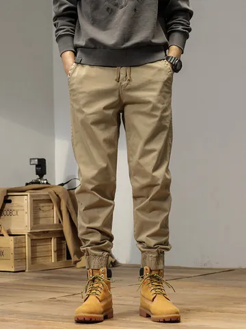 Men's Vintage Japanese Style Elastic Cargo Pants Joggers Multi-Pocket Outdoor Mountain Sports Cotton Blend Drawstring Trousers