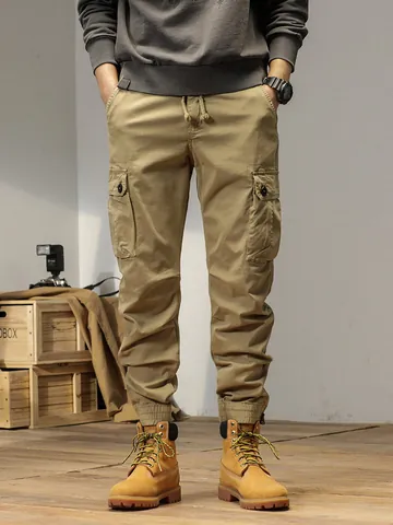 Men's American Vintage Cargo Jogger Pants Loose Fit Multi Pocket Cotton Trousers Mountain Style Casual Outdoor Workwear Pants