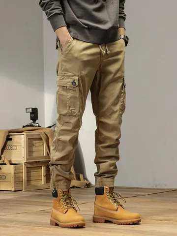 Men's American Vintage Cargo Jogger Pants Loose Fit Multi Pocket Cotton Trousers Mountain Style Casual Outdoor Workwear Pants