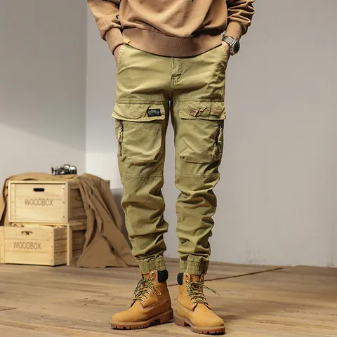 Men's American Retro Multi-Pocket Cargo Pants Casual Cotton Blend Thickened Thermal Jogger Pants With Elastic Cuffs Bottom