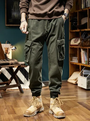 Herren Amerikanische Retro Cargohose Fleece Gefüttert Winter Jogger Multi Tasche Baumwollmischung Casual Elastische Taille Hose