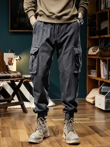 Herren Amerikanische Retro Cargohose Fleece Gefüttert Winter Jogger Multi Tasche Baumwollmischung Casual Elastische Taille Hose