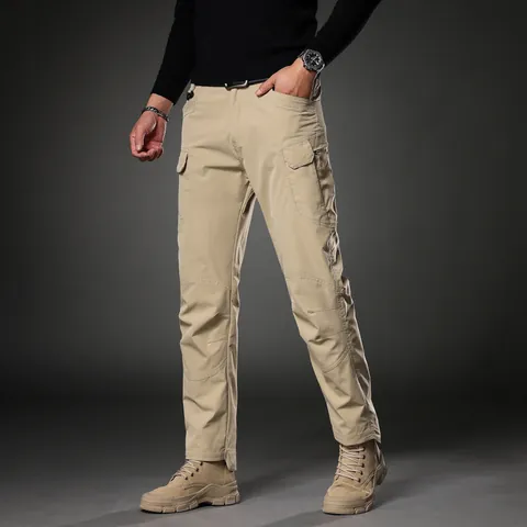 Men's Retro Slim Fit Straight Cargo Pants Multi-Pocket Tactical Trousers Polyester Stretch Casual Bottom Trousers