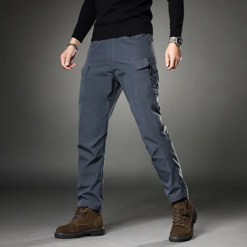 Men's Retro Slim Fit Straight Cargo Pants Multi-Pocket Tactical Trousers Polyester Stretch Casual Bottom Trousers