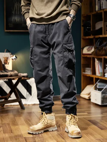 Men Vintage Cargo Jogger Pants Winter Fleece Lined Thick Warm Solid Color Multi Pocket Casual Drawstring Sweatpants For Men