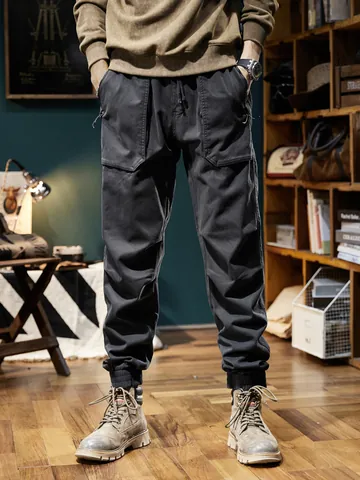 Men's Winter Fleece Lined Cargo Pants Retro Mountain Style Cuffed Jogger Sweatpants Casual Multi Pockets Outdoor Warm Trousers