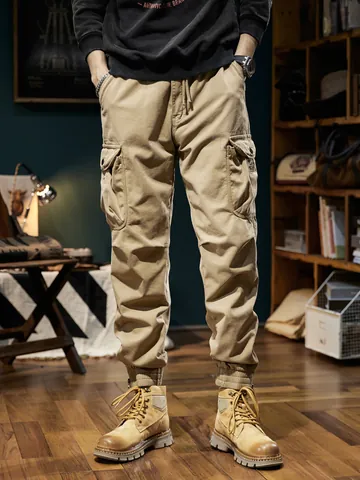 Men Vintage Cargo Jogger Pants Winter Fleece Lined Thick Warm Solid Color Multi Pocket Casual Drawstring Sweatpants For Men