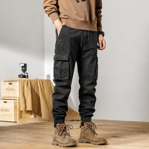 Men Winter Fleece Lined Cargo Pants Vintage Loose Multi-Pocket Joggers Thick Warm Cotton Casual Trousers Army Green Black Gray