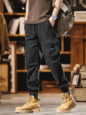 Men's Cargo Jogger Pants American Retro Streetwear Multi-Pocket Cotton Blend Casual Trousers Loose Fit Joggers For Men