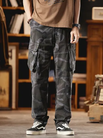 Men's American Retro Camouflage Cargo Pants Loose Straight Leg Multi-Pocket Casual Military Style 97% Cotton Spandex Trousers