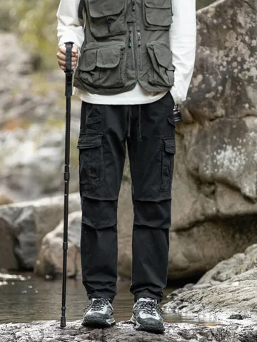 Men Techwear Cargo Pants Multi-Pocket Cotton Blend Drawstring Elastic Waist Tapered Outdoor Casual Hiking Mountain Bottoms