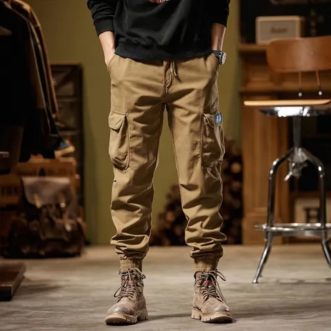 Men's American Retro Fleece Lined Cargo Pants Winter Warm Thickened Cotton Loose Jogger Sweatpants Multi Pockets Bottoms