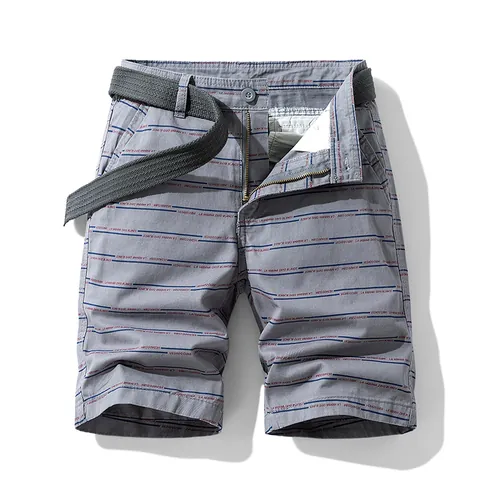 Men's Summer Casual Cotton Cargo Shorts Striped Print Loose Fit Work Shorts With Woven Belt Vintage Five-Point Pants Daily Wear