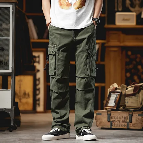 Men's Outdoor Casual Straight Work Pants Vintage High Street Elastic Cargo Bottom Cotton Spandex Multi-Pocket Tactical Pants