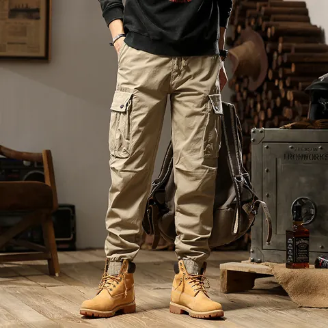 Vintage American Style Men Cargo Pants Multi-Pocket Loose Fit Jogger Bottom With Drawstring Elastic Waist Outdoor Trousers