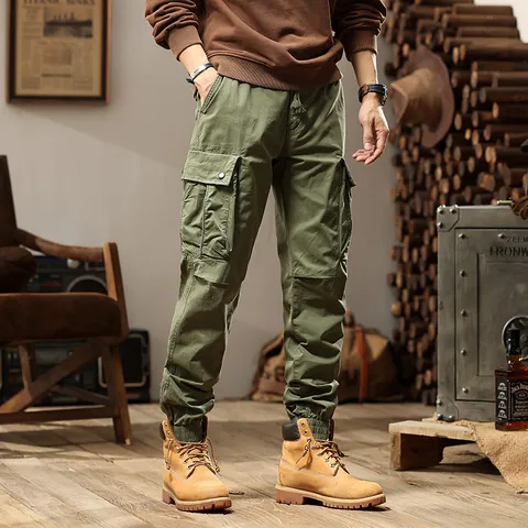 Vintage American Style Men Cargo Pants Multi-Pocket Loose Fit Jogger Bottom With Drawstring Elastic Waist Outdoor Trousers