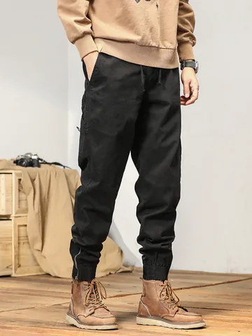 Men's Japanese Casual Cargo Jogger Pants Cotton Stretch Outdoor Multi-Pocket Cuffed Ankle Zipper Fashion Trousers For Men