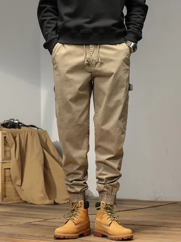 Men's Japanese Casual Cargo Jogger Pants Cotton Stretch Outdoor Multi-Pocket Cuffed Ankle Zipper Fashion Trousers For Men