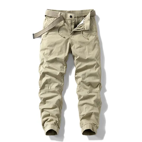 Men Japanese Vintage Cargo Pants Elastic Waist Jogger Casual Trousers Cotton Blend Solid Color With Woven Belt Men Bottoms