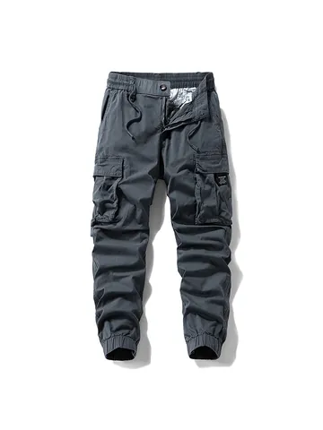 Men's High Street Multi-Pocket Cargo Pants Solid Color Cotton Tapered Joggers Casual Tactical Trousers With Drawstring Waist
