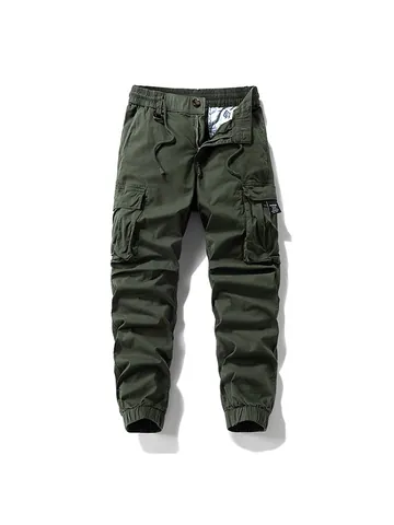 Men's High Street Multi-Pocket Cargo Pants Solid Color Cotton Tapered Joggers Casual Tactical Trousers With Drawstring Waist