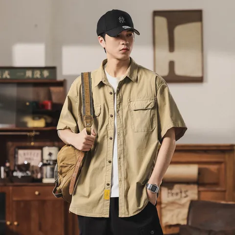 Men's Japanese Retro Cargo Short Sleeve Shirt Multi-Pocket Cotton Blend Summer Casual Top Cardigan Shirt For Men