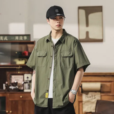 Men's Japanese Retro Cargo Short Sleeve Shirt Multi-Pocket Cotton Blend Summer Casual Top Cardigan Shirt For Men