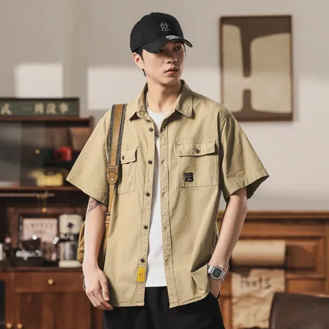 Men Japanese Vintage Cargo Shirt Short Sleeve Solid Color Cotton Blend Casual Multi Pocket Lapel Top Workwear Shirt