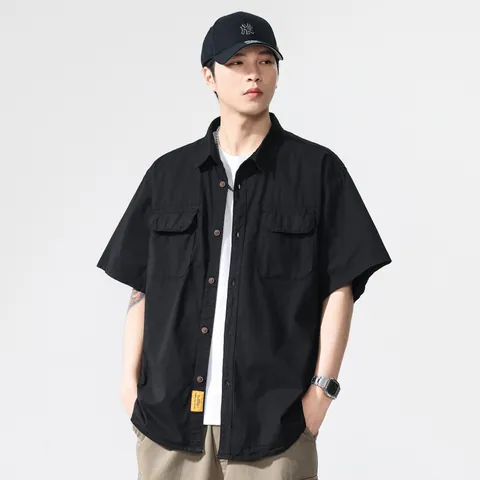 Men Japanese Retro Workwear Short Sleeve Shirt Loose Fit Cotton Blend Multi-Pocket Button Down Casual Utility Cargo Shirt Top