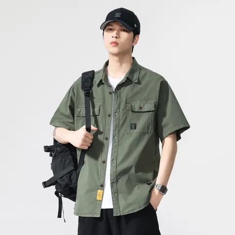 Men's Japanese Vintage Work Shirt Short Sleeve Retro Casual Cotton Blend Shirt Multi-Pockets Loose Fit Cargo Top For Summer