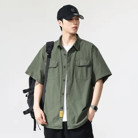 Men Japanese Retro Workwear Short Sleeve Shirt Loose Fit Cotton Blend Multi-Pocket Button Down Casual Utility Cargo Shirt Top