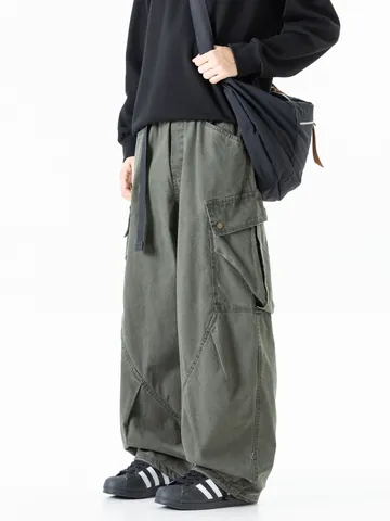 Men's Japanese Cargo Pants Cotton Straight Leg Multi-Pocket Casual Trousers Loose Outdoor Fashion Streetwear Bottom