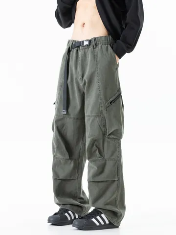Cotton Men Loose Straight Cargo Pants Multi-Pocket Outdoor Gorpcore Trousers Japanese Style Casual Workwear Bottom With Drawstring