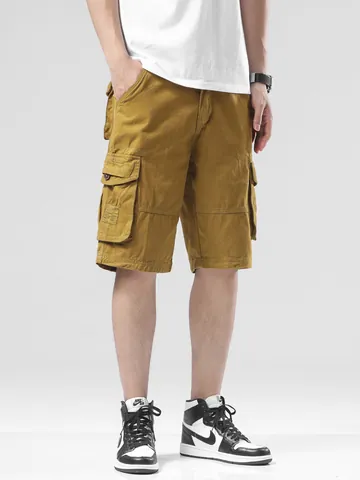 Pantalones Cortos Cargo Informales para Hombre Ajuste Holgado Multibolsillos Verano Mezcla de Algodón Pantalones de Trabajo Estilo Coreano