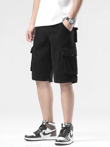 Pantalones Cortos Cargo Informales para Hombre Ajuste Holgado Multibolsillos Verano Mezcla de Algodón Pantalones de Trabajo Estilo Coreano